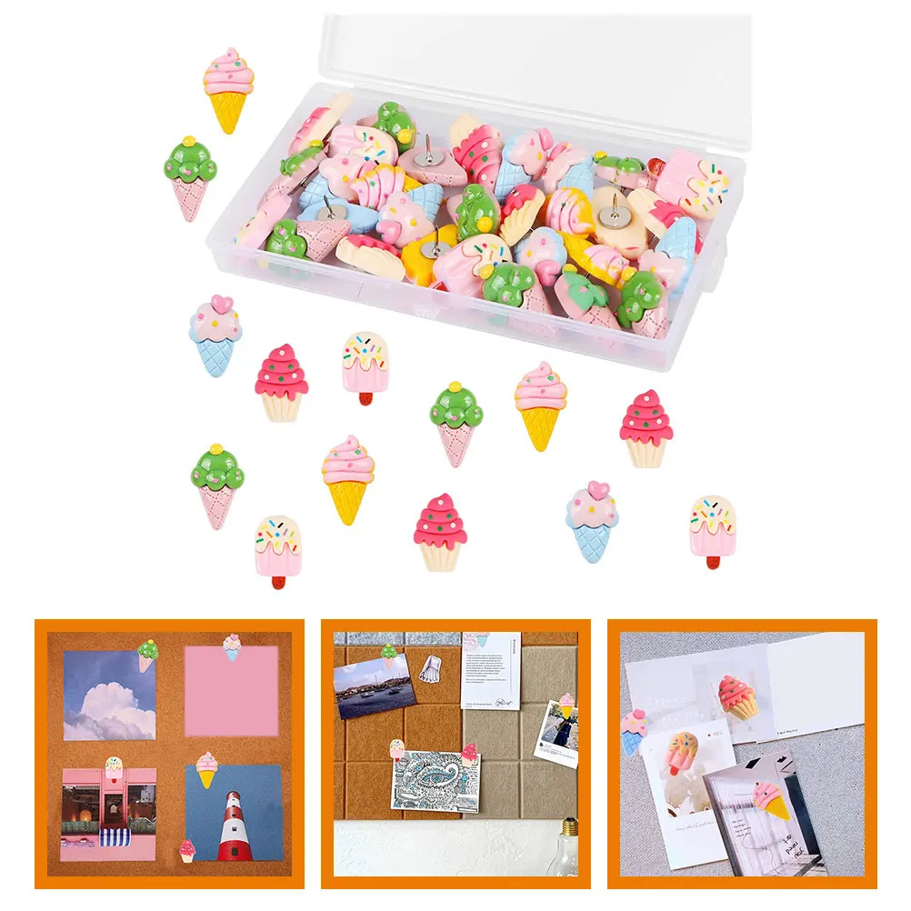 

30 Pcs Ice Cream Shape Resin Thumbtacks Creative Pushpins Bulletin Board Reusable Small Compact Thumb Tacks Office