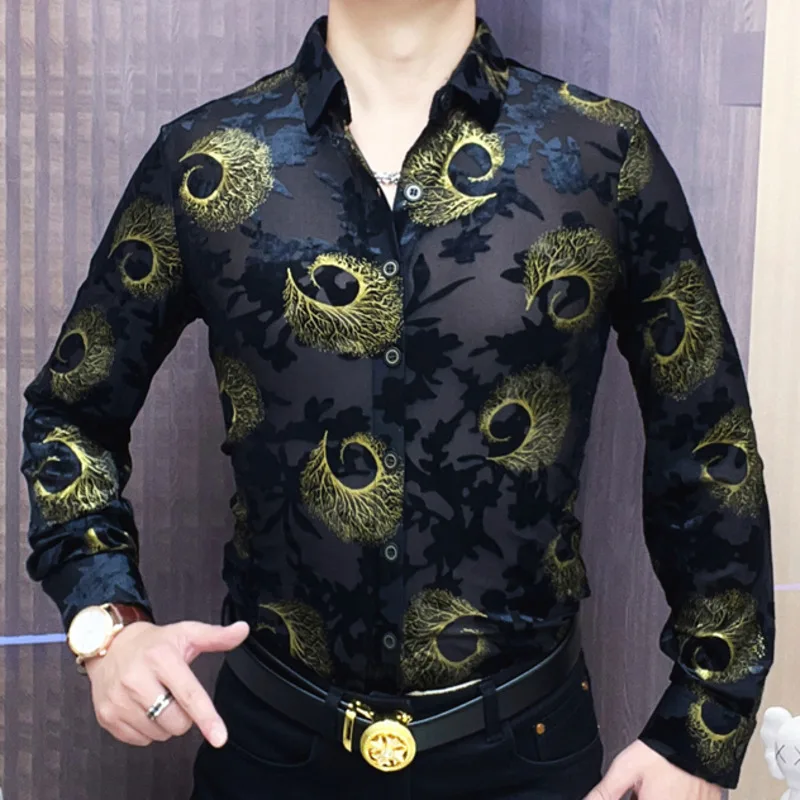 Black Gold Soft Velvet Slim-fit Men Clothing Nightclub Long Sleeved Sexy Shirt  See Through Top Quality Transparent Floral Shirt