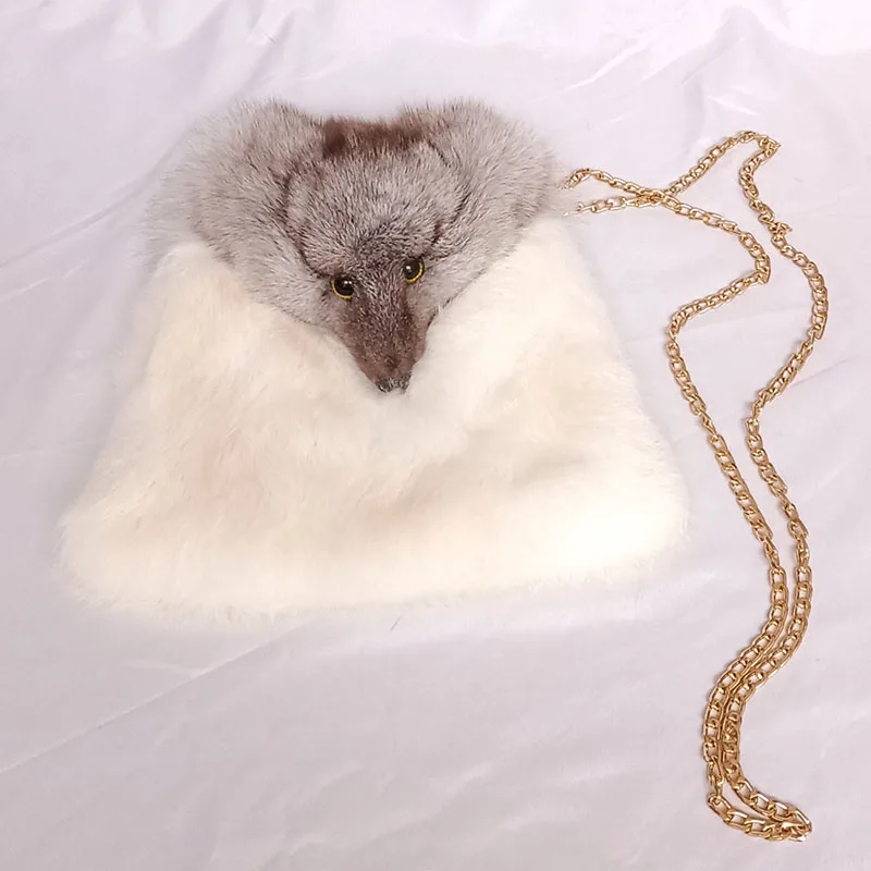 2022 New Chic Women Real Rabbit Fur  Shoulder Bag With Real Fox Fur Head Lovely Cross Chain  Female Genuine Fur Bag