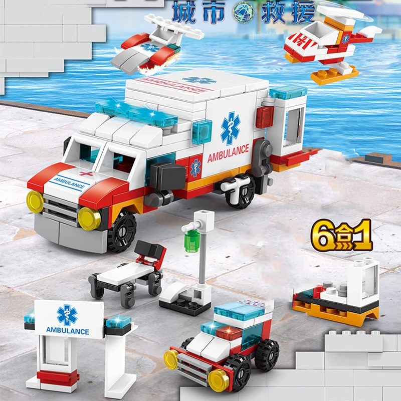 City Series Medical Ambulance 6 In1 MOC Building Blocks Kit Bricks Rescue Vehicles Doctor Car Classic DIY Model Kid For Toy Gift