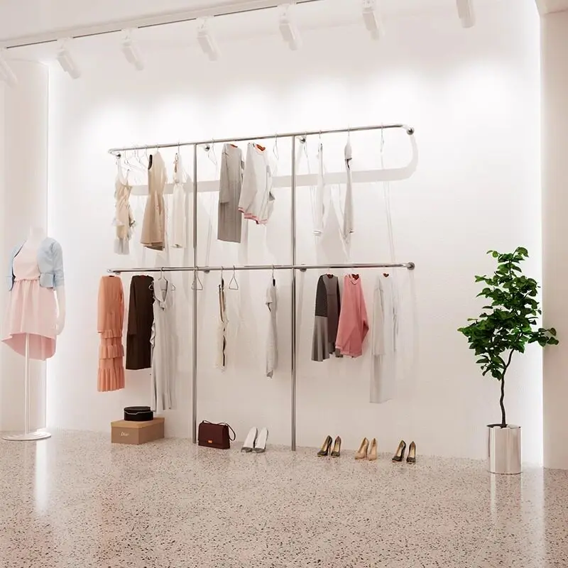 Stainless steel double-layer hanger women's clothing store display rack wall-mounted  floor-to-ceiling children's  store shelf