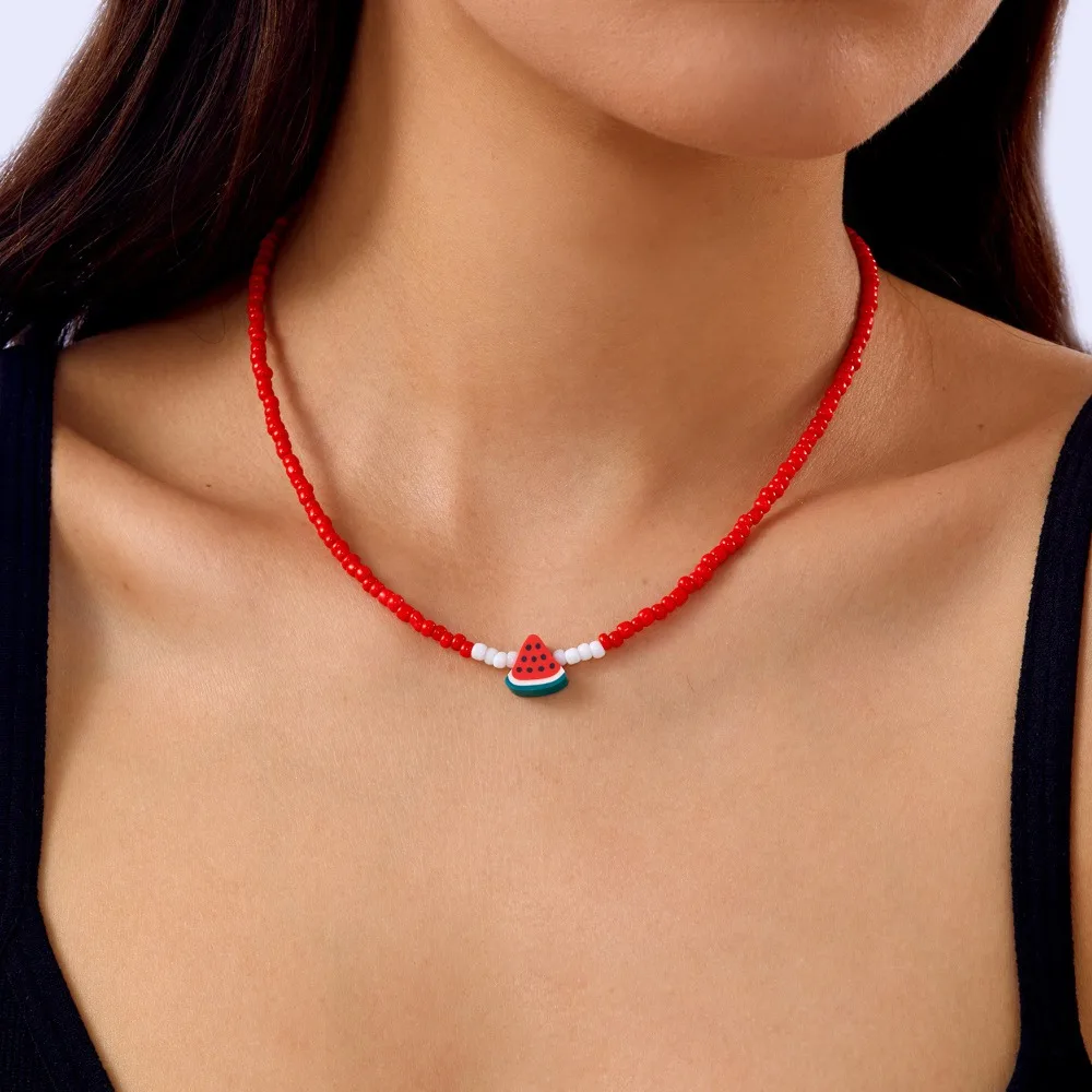 Cute Sweet Multi-color Mini Seed Bead Watermelon Pendant Necklace for Women Summer Beach Fruit Party Gifts Jewelry Accessories