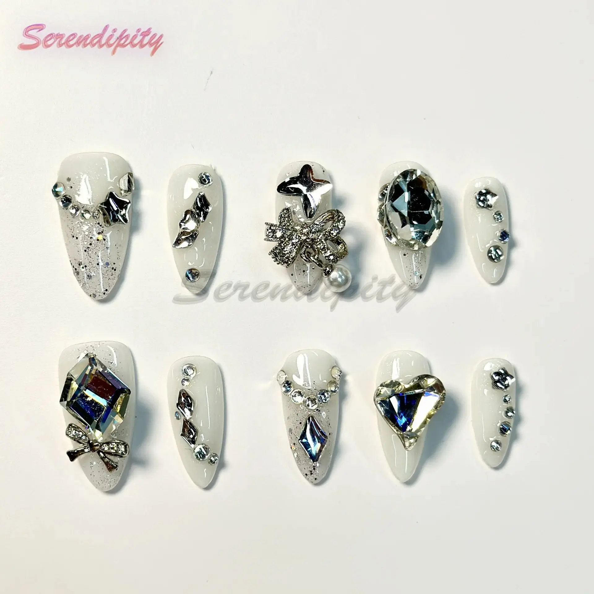 10Pcs Press On Nails Almond Shaped Large Water Diamond Full Diamond Pure White Nail Handmade Detachable Wear Resistant Fake Nail