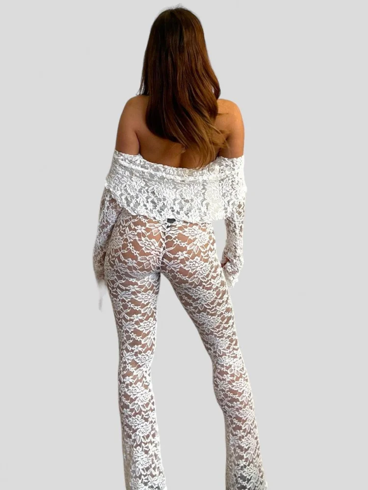 Sexy Lace See-tough Hollow out Trousers And Top Set Women's Faionable Long Sve Clothing Breathable Comfortable Elastic