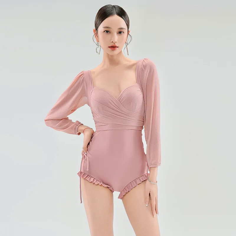Korean INS Vibe Tummy Control One-Piece, 2026 Summer Women's Long Sleeve Triangle Cup Cover-Up Swimwear for Beach Vacation