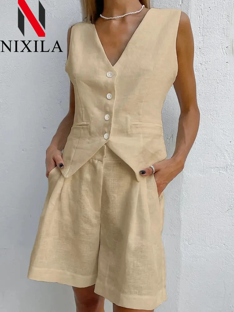 Novità in estate gilet di cotone set corti canottiera casual senza maniche pantaloncini set da 2 pezzi set da donna set di pantaloni bianchi da donna da ufficio