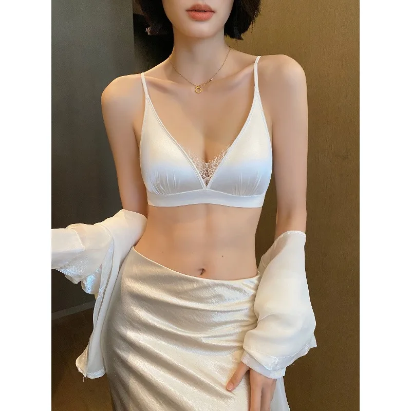 Luxury Trendy French Satin Lace Bra Triangle Cup Wireless Thin Seamless Everyday Lingerie Push Up No Empty Cup For Women 32-38