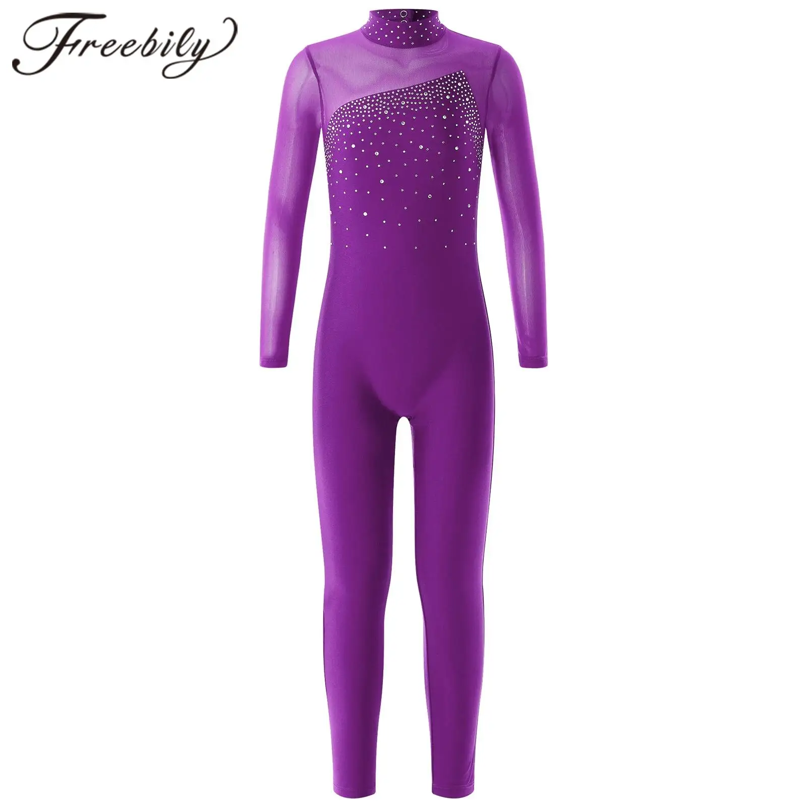 

Kids Teens Gymnastics Jumpsuits Shiny Rhinestone Ice Skating Bodysuit for Girls Children Long Sleeve Ballet Dance Leotards