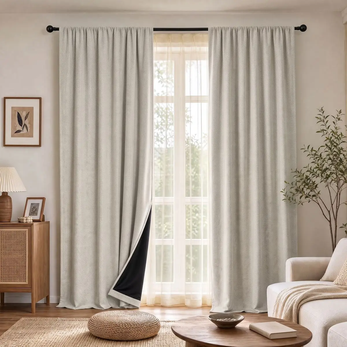 1 Piece of Beige Vintage Minimalist Full Blackout Curtain, Made of Lightweight Polyester Fabric with a Linen-Like Texture, Black Lining for 100% Blackout and Privacy Protection, Rod Pocket Style, Washable and Suitable for All Seasons, Bohemian Style Soft Decor, Suitable for Bedrooms, Living Rooms, Dining Rooms, and Offices