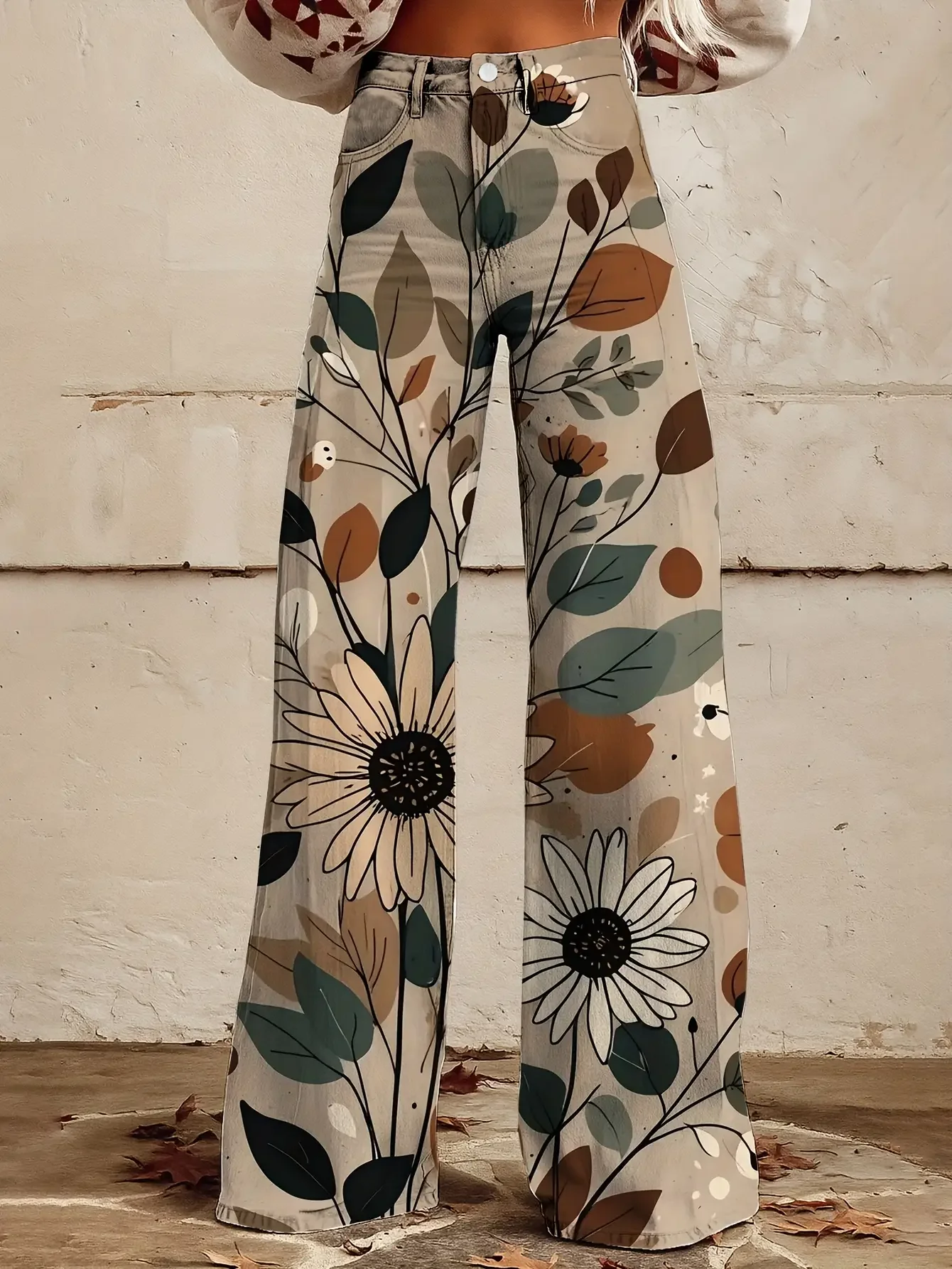  Women's new casual jeans with a variety of colorful western prints, loose wide leg design, Oversized sunflower pattern