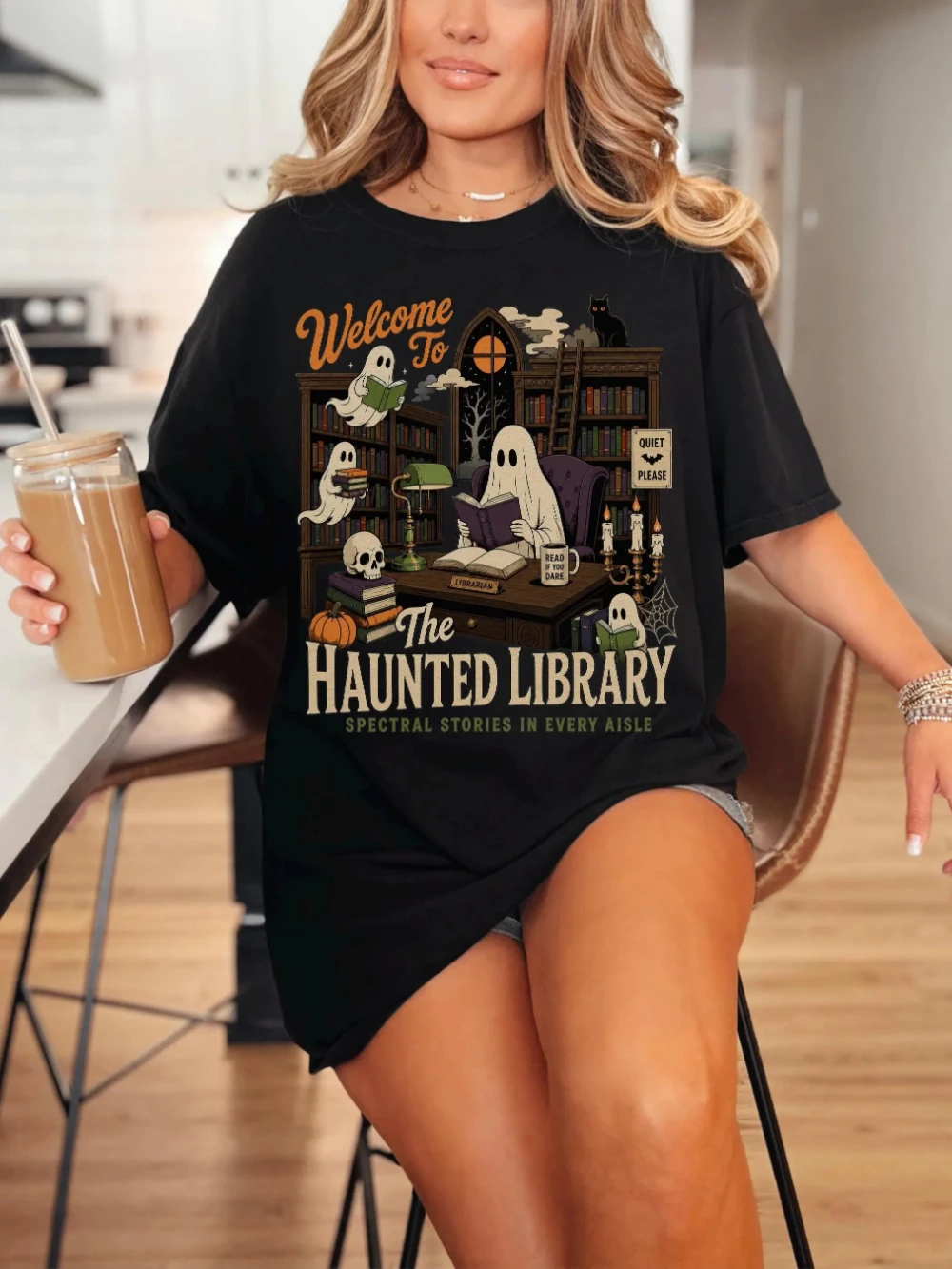 Haunted Library Shirt Bookish Halloween Tee Reader Top Women T‑shirt Unisex All-Season Casual Crew Neck T Shirt