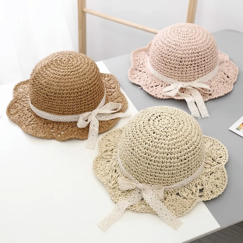 Fashion Lace Baby Hat Summer Straw Bow Baby Girl Cap Beach Children Panama Hat Princess Baby Hats and Caps for Kids 1PC