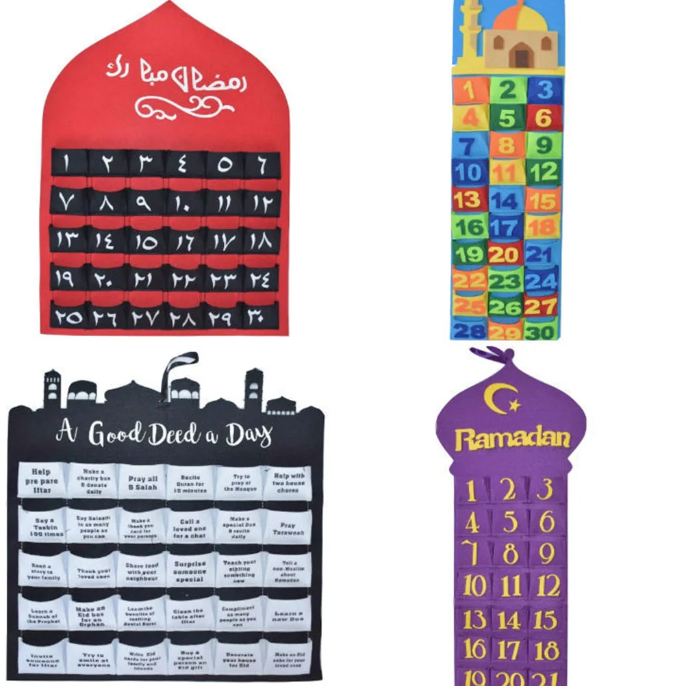 

1pc Muslim Eid Countdown Felt Calendar Hanging Wall Decor Home Decoration Pendant For Festival Atmosphere Red Reusable