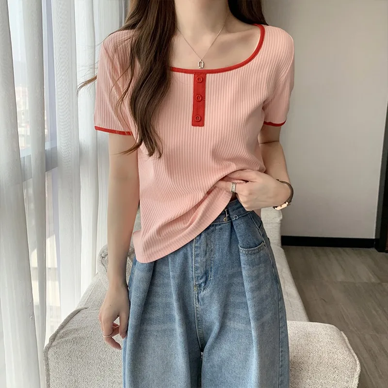 2024 Women's Summer New Fashion Versatile Solid Color Pullover Square Neck Casual Simplicity Short Sleeve Slim Fit T-shirt Tops