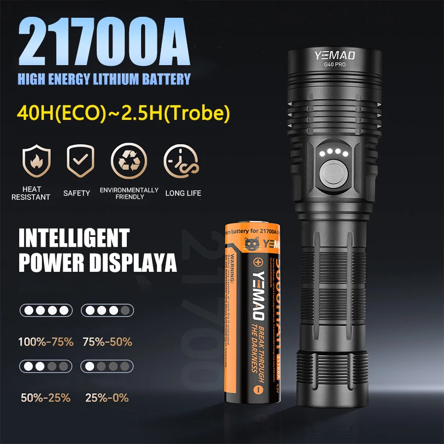 YEMAO G40 2000lm Flashlight USB C Rechargeable SST40 LED 217000 Torch Portable Powerful Bright Flashlights with Power Indicator view 3