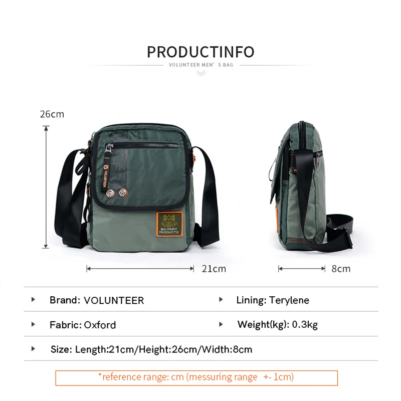 Volunteer Crossbody Bag for Men Fashion Casual Travel Nylon Bag Man Waterproof Multi-pocket Large Capacity Shoulder Bag 1609-12