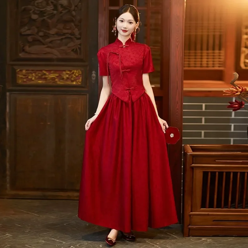 

Chinese Style Burgundy Prom Ball Gown Bride Banquet Qipao Party Wedding Dresses Robe De Soiree