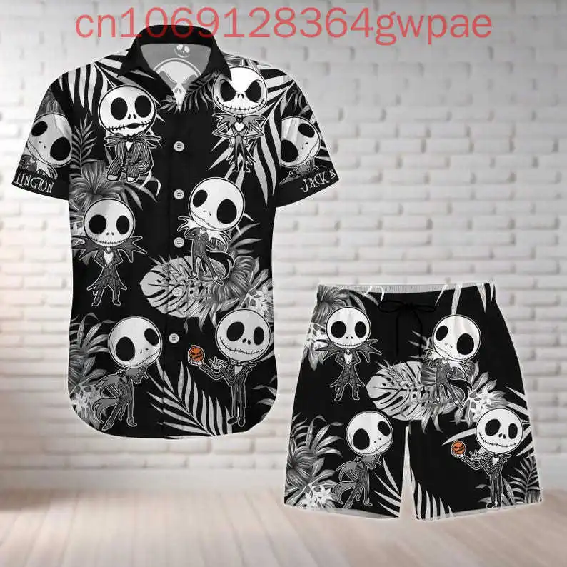 Disney Jack Skellington Button Shirt Jack Skellington Beach Shorts Hawaiian Men and Women Shit Short Sleeve Shorts Shirt Suit