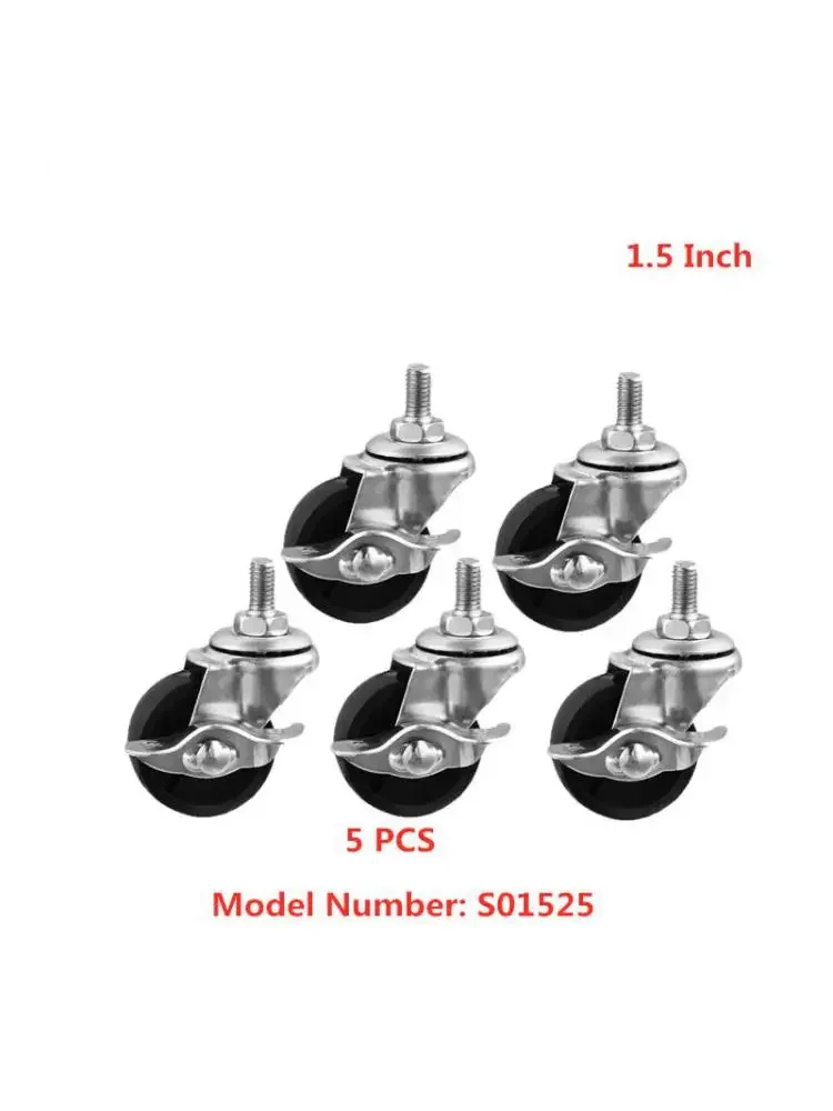 5 Pcs/Lot  1.5 inch Black PP Screw Caster With Brake M8 Thread Universal Wheel Mobile Furniture