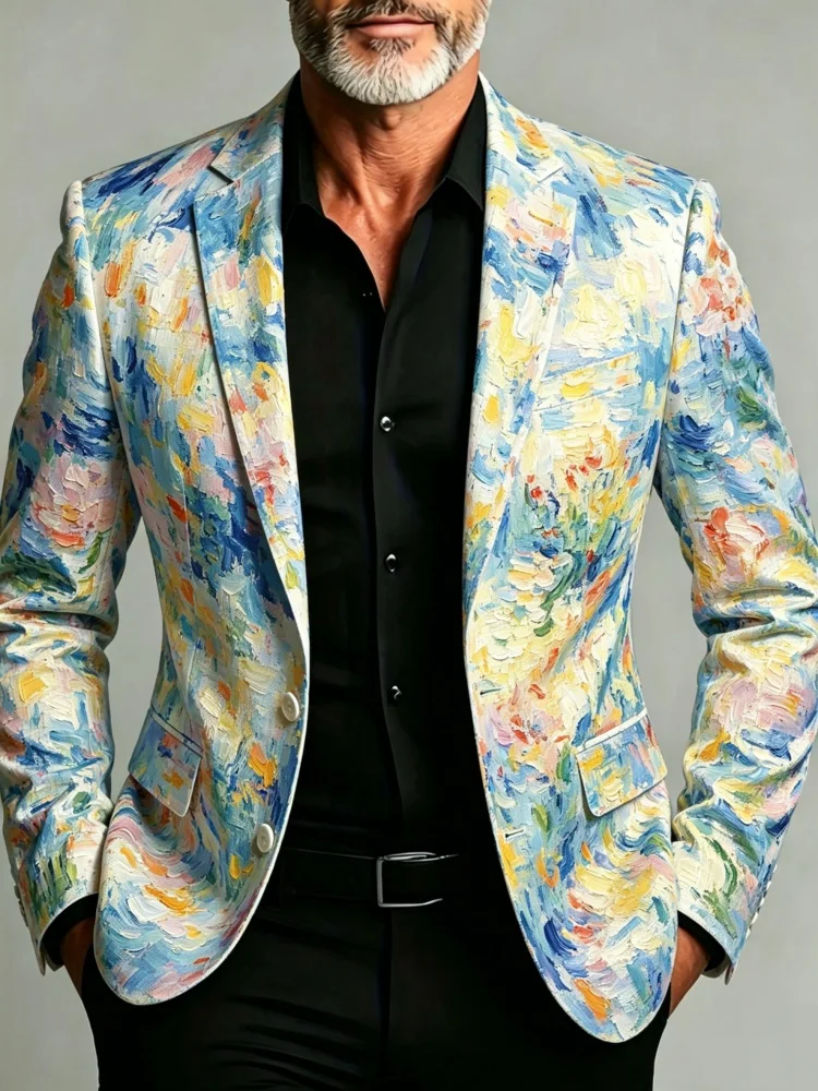Men's Plus Size Impressionist Oil Painting Print Notched Lapel Party Blazer