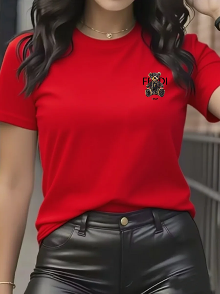 summer Graphic T-Shirt Short Sleeve Crew Neck with Soft Comfortable Spring Women's Light Blue Casual Teddy Bear