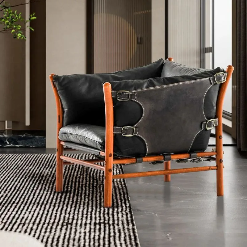 Solid wood leather chair, single living room chair, balcony designer medieval sofa chair