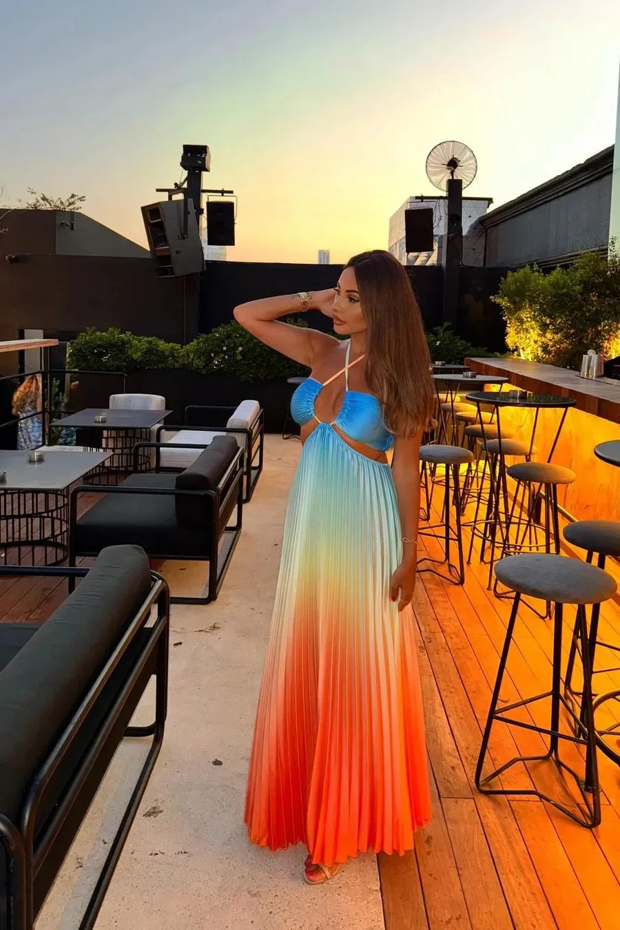 Gradient Strapless Maxi Dress Women Summer Hollow Out Lace Up Holiday Beach Party Dresses Fashion Female Backless Pleated Robes