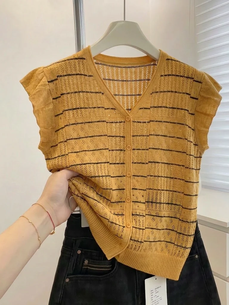 Orange Pumpkin V-neck Knitted Short-sleeved T-shirt Women's Summer New plus Size Big MM Small Flying Sleeve Top Korean Style