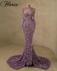 High Fashion Purple Glitter Celebrity Dresses Long Mermaid Evening Gowns Red Carpet Runway Gowns Photography Vestidos Para Mujer