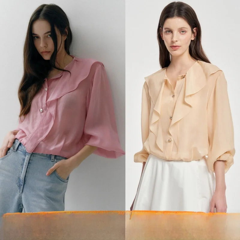 

Женская рубашка из шелковой смеси в корейском стиле с длинным рукавом, на пуговицах, с рюшами по низу и капюшоном, свободного кроя, модная