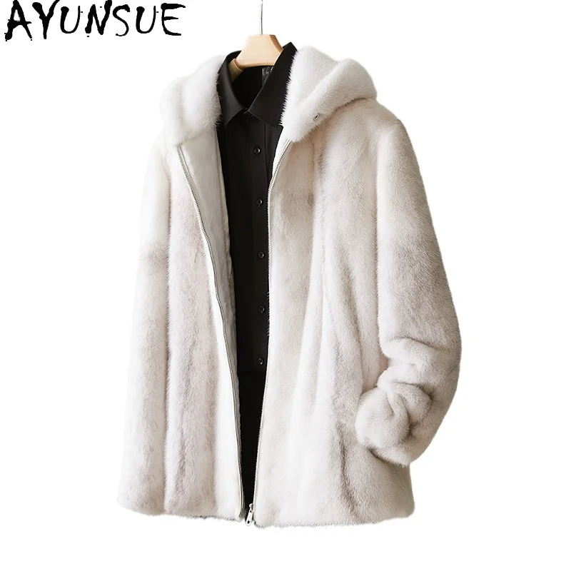 AYUSNUE Natural Cross Mink Coat Men Winter Jacket Hoodie Real Fur Coats Male Luxury Clothes Fashion Warm Куртка Натуральный Мех