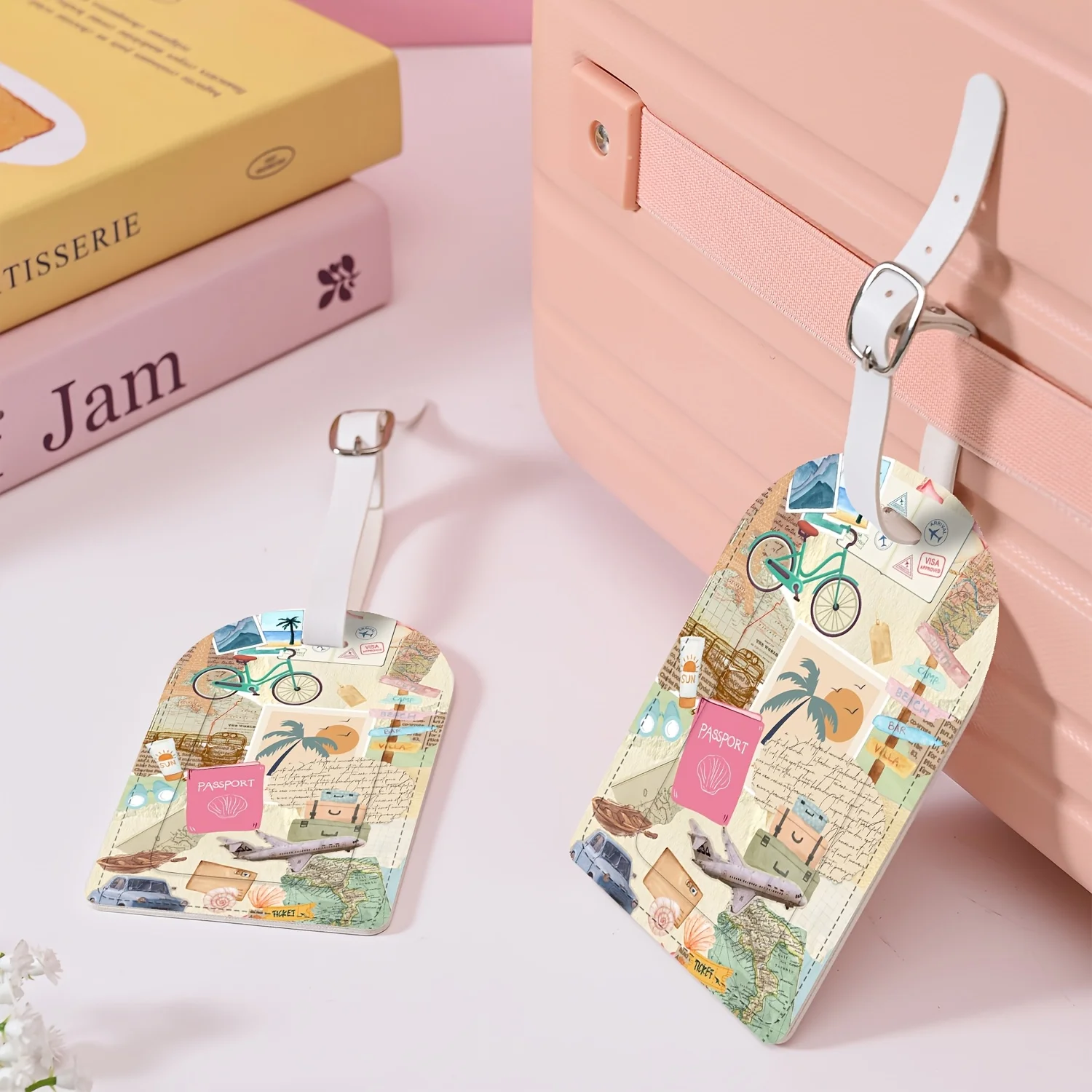 Travel Adventure Collage Pattern Luggage Tags Lightweight PU Material Suitcase Tags for Airports Cruises Business Trips