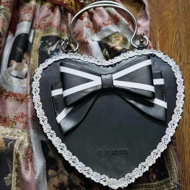 Japanese Original Dark Goth Style Lolita Bow Love Crescent Bags Female Sweet Cool PU Leather Shoulder Messenger Bag for Women