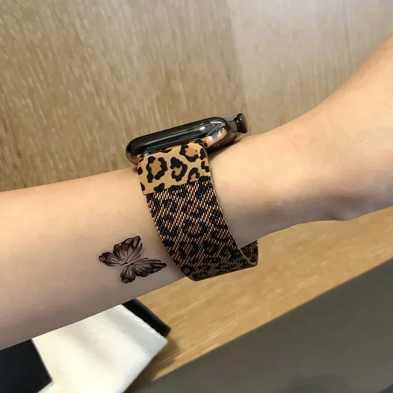 Trend Leopard print Band For iwatch 38 42 41mm For Apple Watch Strap Series 8 Ultra SE 7 6 5 40 44 45mm Stainless Steel Bracelet