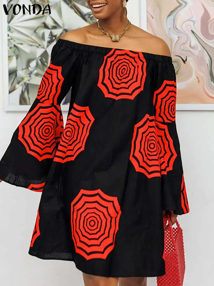 Plus Size VONDA damskie bez sukienka na ramiona letnie kwiatowe w stylu boho nadrukowane Mini Vestidos Vintage dorywczo długie, rozkloszowane szaty