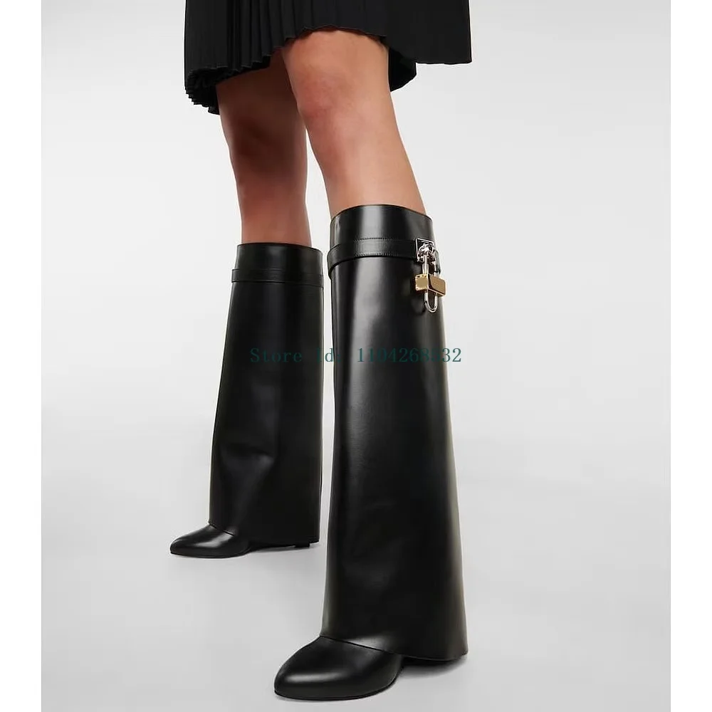 Metal Decoration Genuine Leather Slouchy Boots Sexy Pointed Toe Wedges Knee High New Arrivals Fashion Women Modern Boots