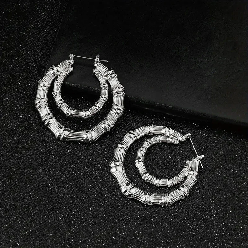 Huitan Modern Fashion Metal Double Circle Hoop Earrings for Women Chic Bamboo Design Earrings Daily Wear Statement Girls Jewelry