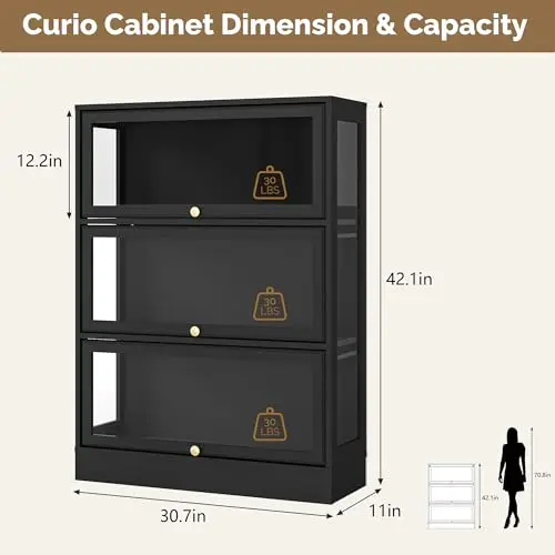 Display Cabinet with Acrylic Glass Doors,3-Tiers Curio Cabinet with LED Lighting for Collectibles, Collectibles Toy