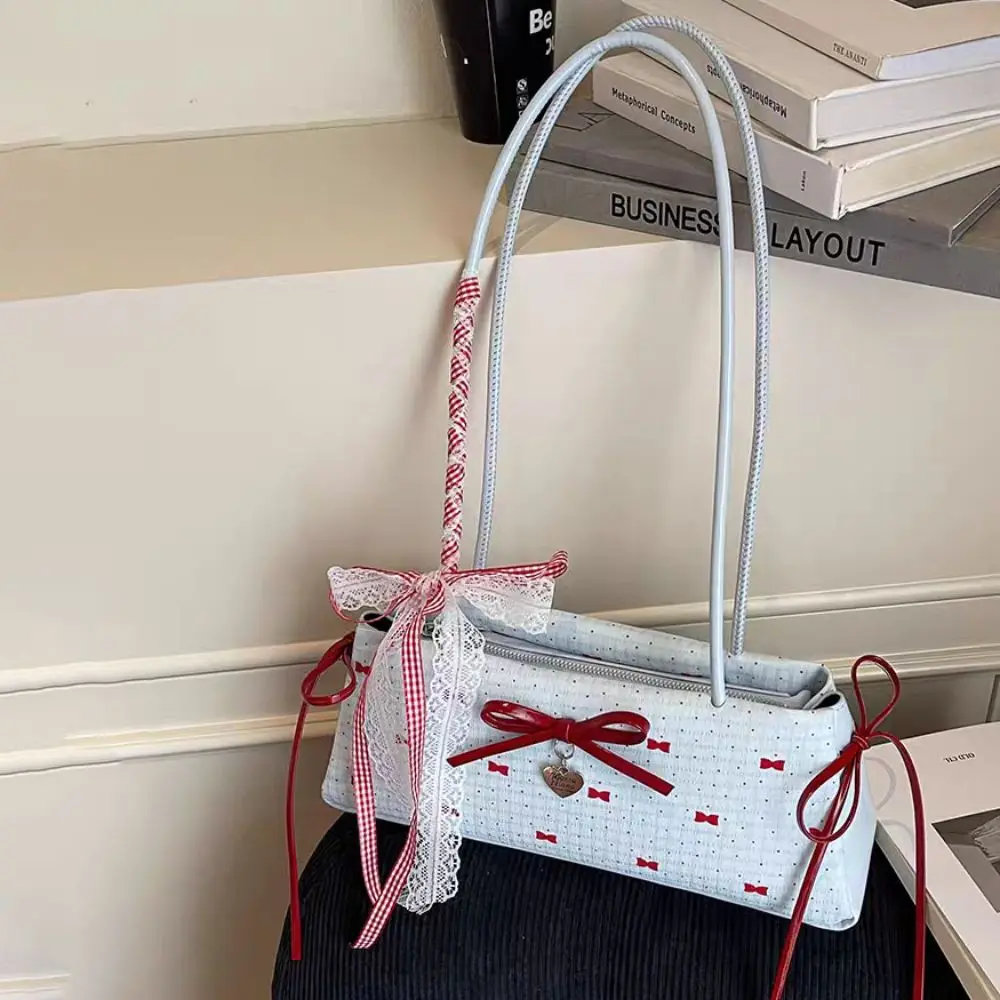 

Shopping Sweet French Stick Handbag Korean Style PU Leather Handle Y2K Underarm Bag Ribbon Solid Color Armpit Bag Daily