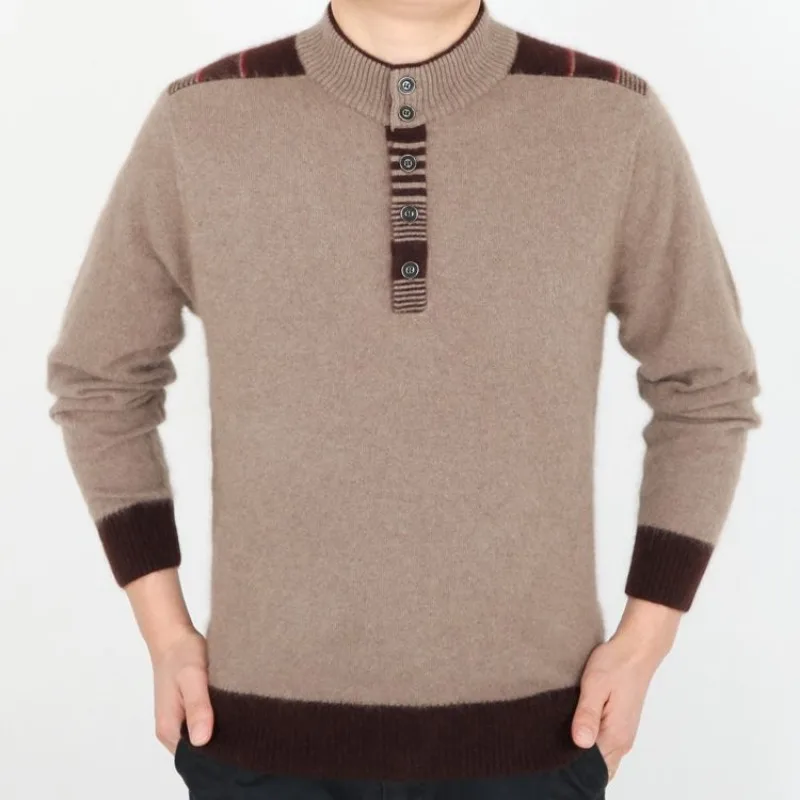 Men Half Stand Collar Button Placket Color Block Long Sleeve Knit Sweater
