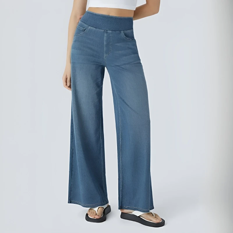 Jean en tricot extensible taille haute délavé pour femme, Baggy, jambes larges, avec plusieurs poches