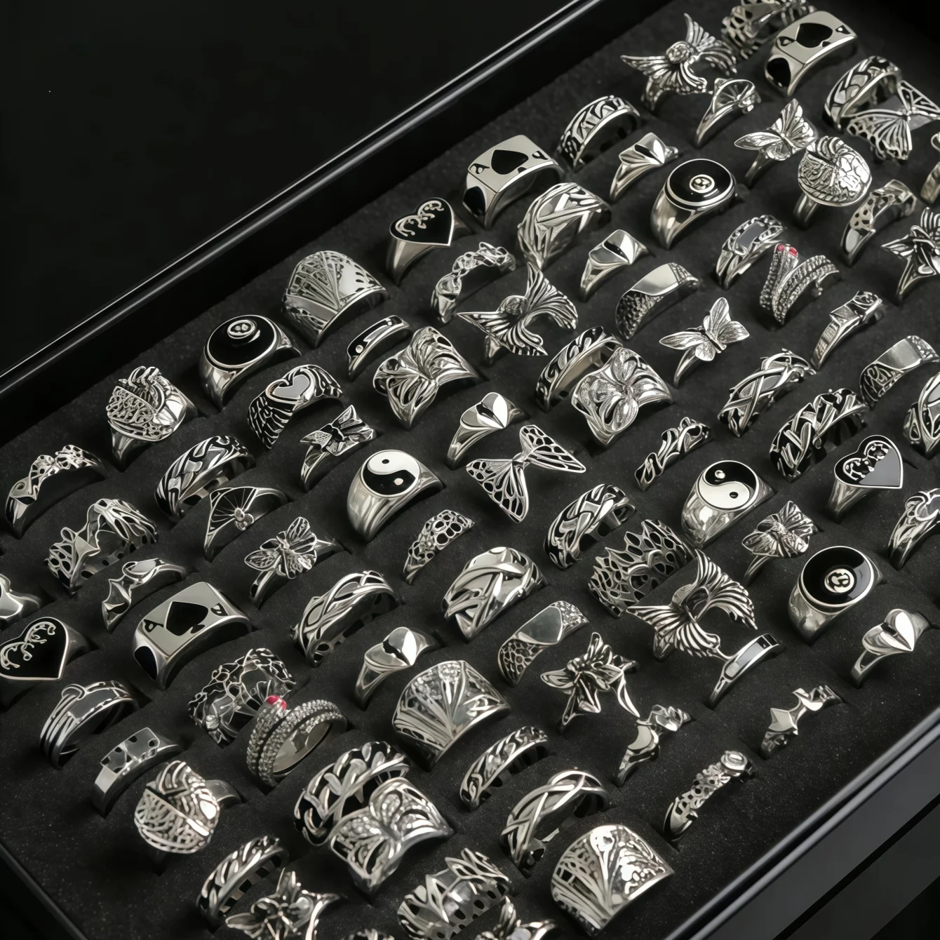 Juego de anillos vintage punk con forma de corazón y mariposa para mujeres y hombres, 6/8/12/24/36/48/100 piezas, estilo mixto, anillos de dedo estilo hip hop, joyería, regalos para fiestas