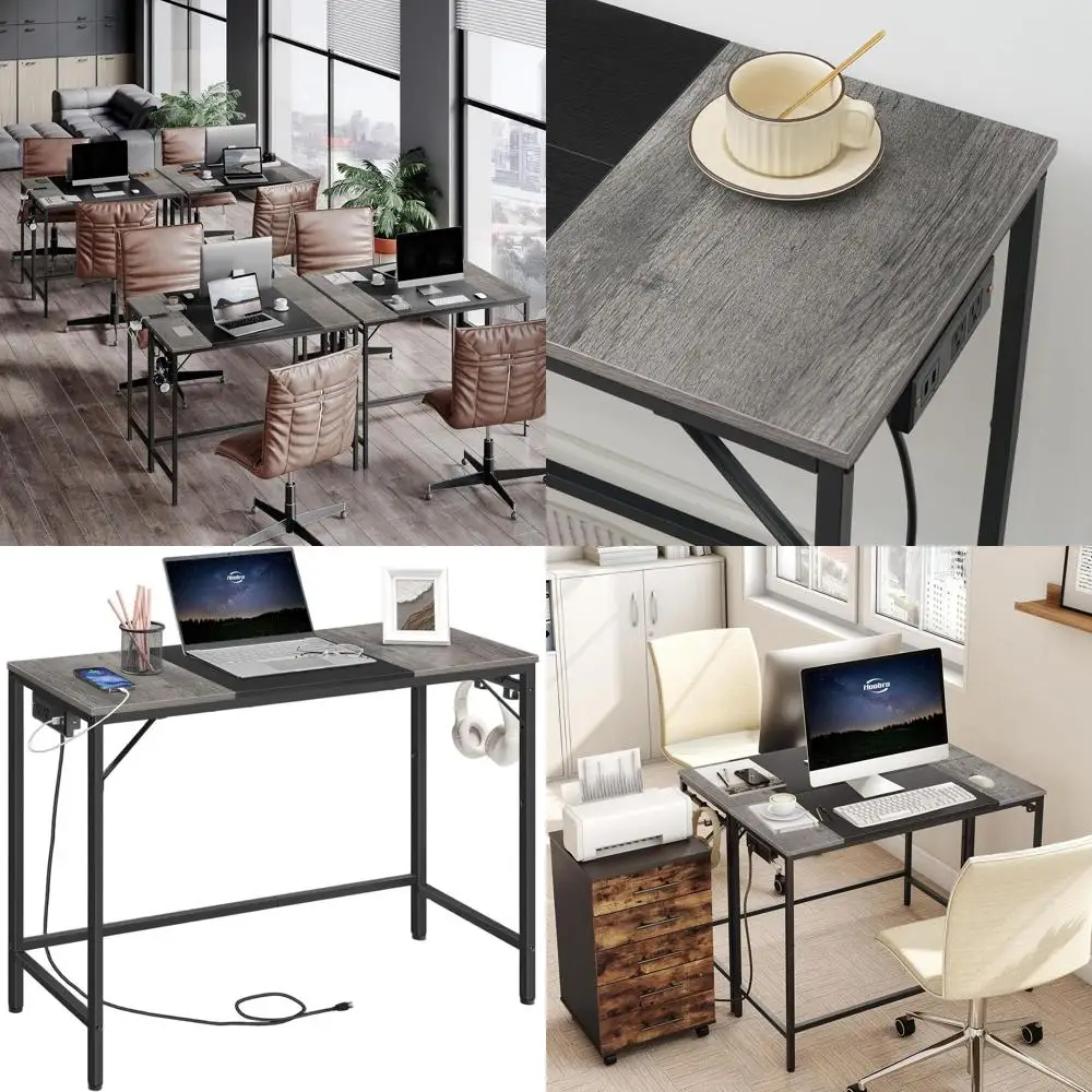 

Sturdy Charcoal Gray Home Office Desk with Power Outlet and 3 Hooks for Study Writing Area