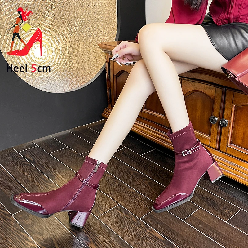 Women Slim Short Boots Hot Sell 2024 Autumn New Office Shoes 5CM Square Heel Lady Dating Suede Ankles Boots Elegant Female Shoes
