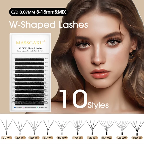 Imagen 2 del producto Venta caliente MASSCAKU 6D/7D/8D/9D/10D pestañas prefabricadas en forma de W 8-15mm longitud mixta estilo W pestañas de volumen ruso en Stock