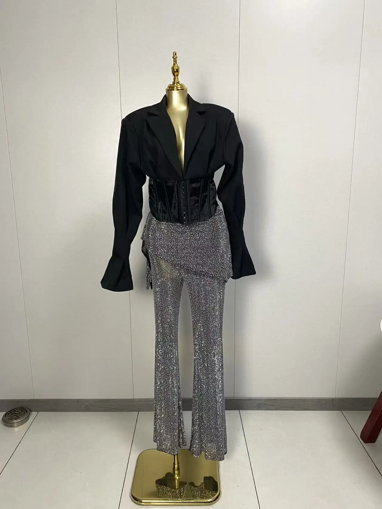 2025 New Women Sexy Long Sleeve Deep V Neck T-shirt Sequins Flare Two Pieces Pants Set Elegant Evening Club Party Outfits