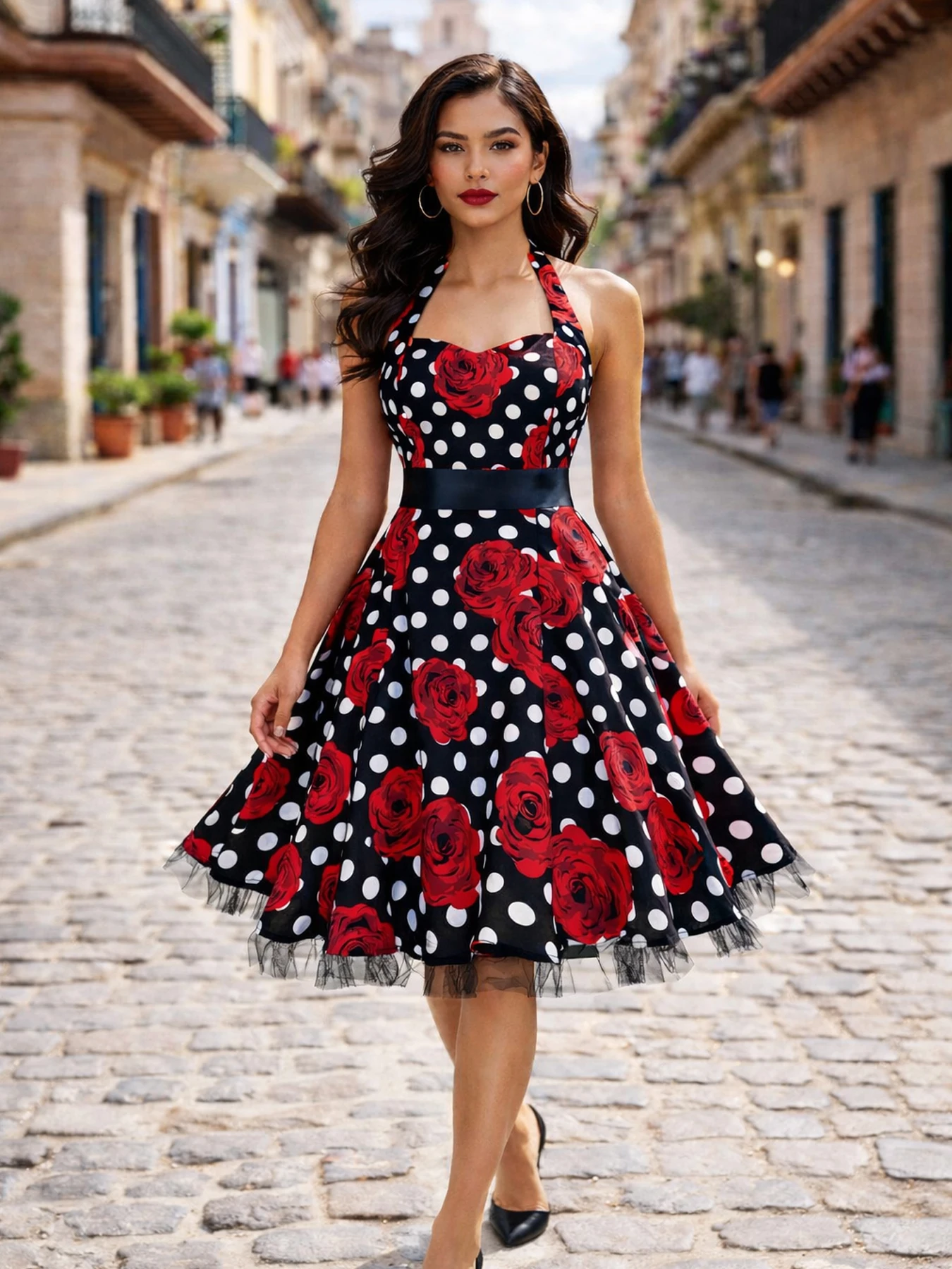 Damen Hepburn Neckholder-Kleid mit Blumenmuster und Punkten, Elegantes 1950er A-Linien Casual Party Fit-and-Flare Skater Swing Vintage-Kleid