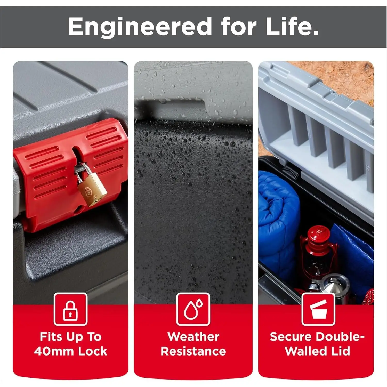 W_ActionPacker 35 Galon, Buatan AS, Tempat Penyimpanan Plastik yang Dapat Dikunci dengan Tutup dan Roda - Luar Ruangan, Industri, Kokoh, Berkemah