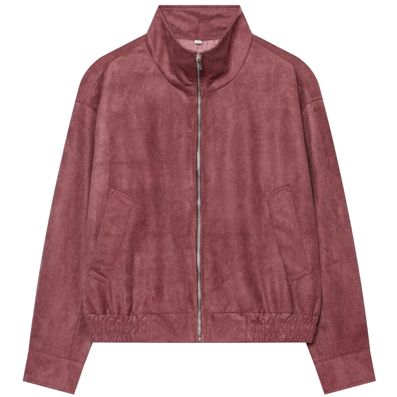 HXAO Damen-Bomberjacke aus Kunstwildleder in Burgunderrot, Herbst, lässig, Oversized, mit Reißverschluss, Stehkragen, langärmelig, schicke Oberbekleidung – Detail 4