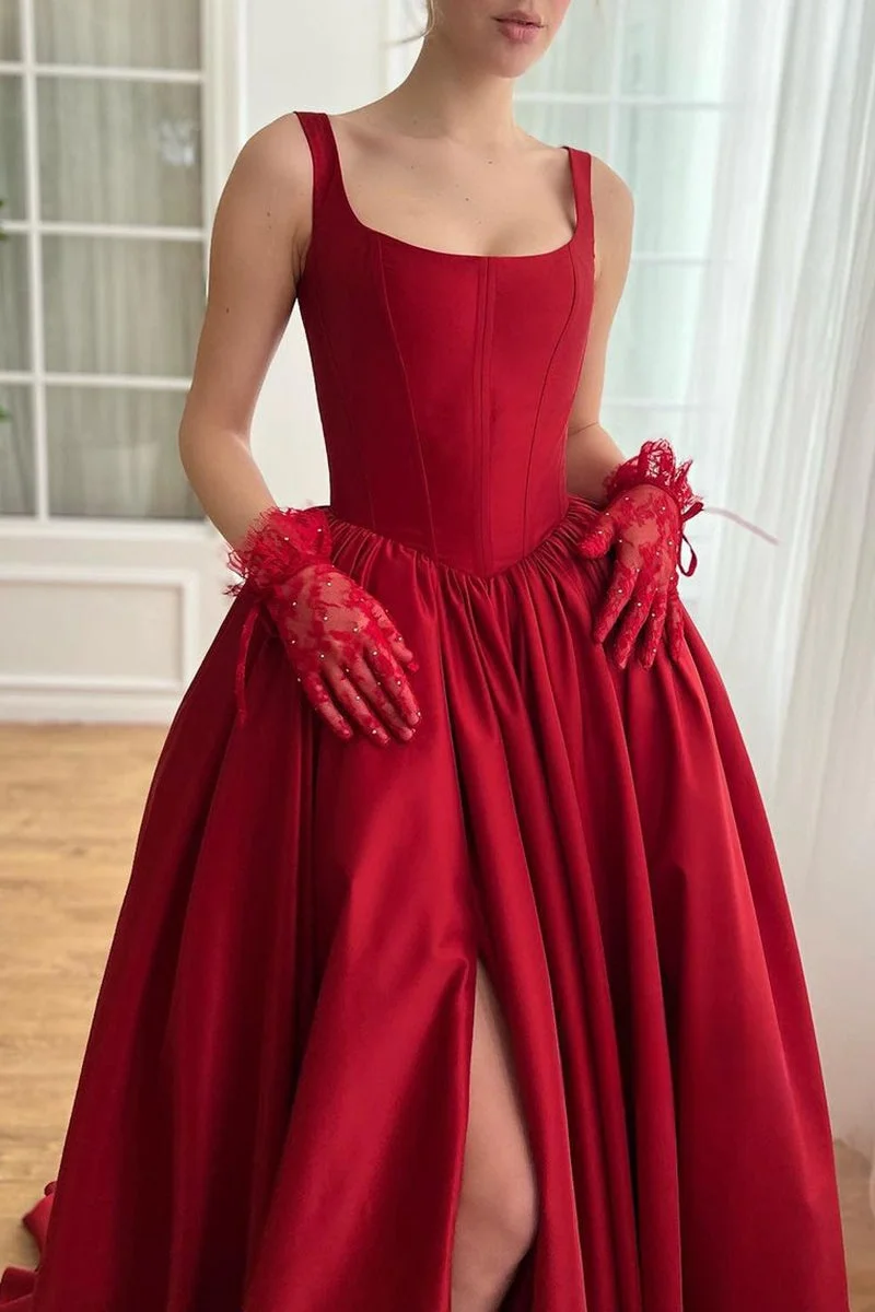 Elegant A-Line Satin Prom Dresses For Women Spaghetti Straps Formal Evening Dresses Cinderella Taffeta Party Gown With High Slit